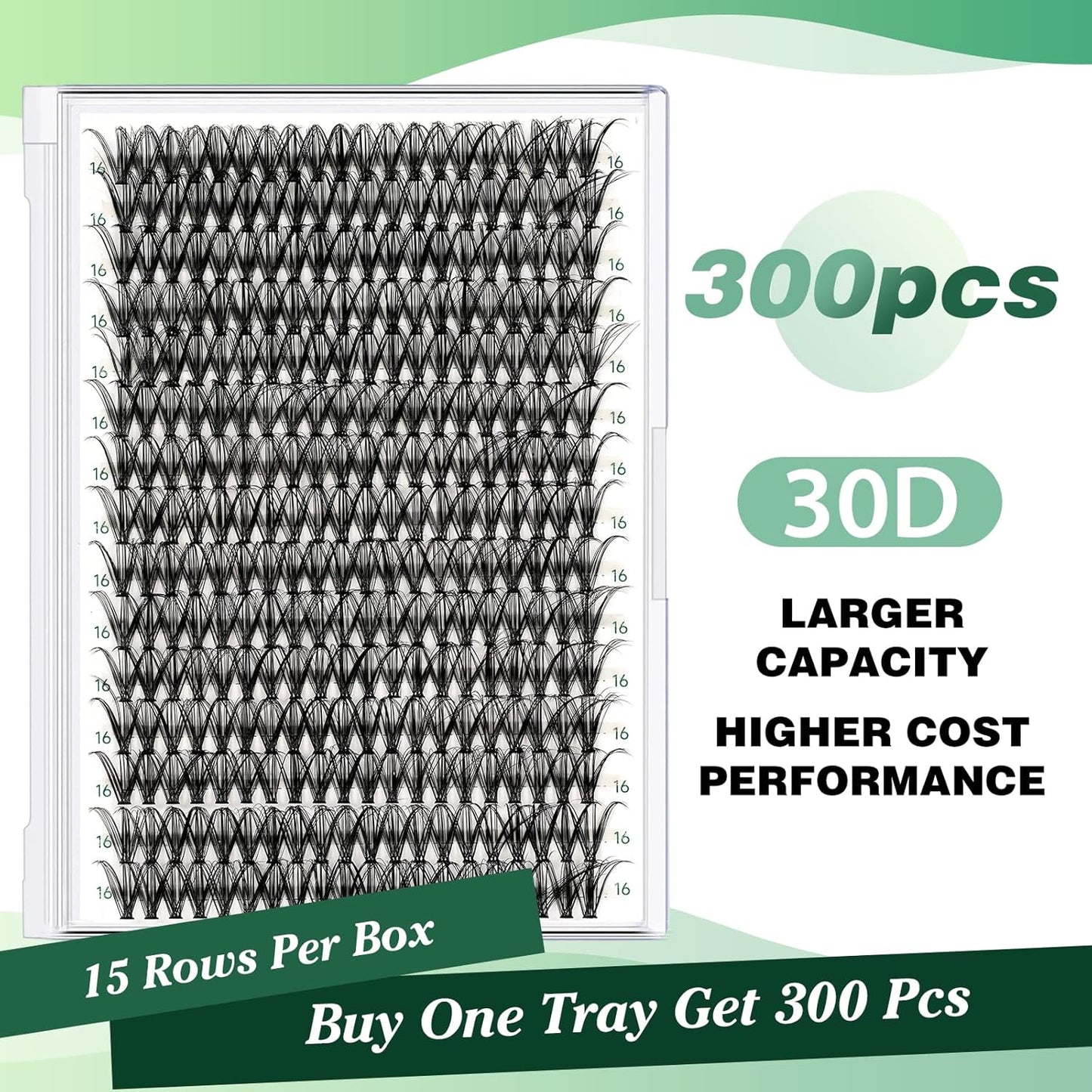Lash Clusters 300pcs Individual Lashes 30D 0.07D Curl 16mm DIY Eyelash Extension KEYYOU Large Tray Volume Soft&Natural Cluster Lashes(30D-0.07D,16）
