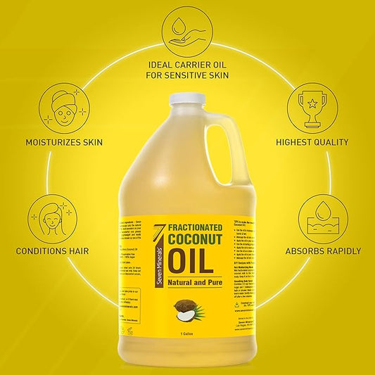 Seven Minerals Pure Fractionated Coconut Oil - 1 Gallon - Non-GMO, 100% Natural, Lightweight Massage Oil for Therapy on Skin, Hair, More - Perfect Bulk Carrier Oil for Essential Oils (128 fl oz)