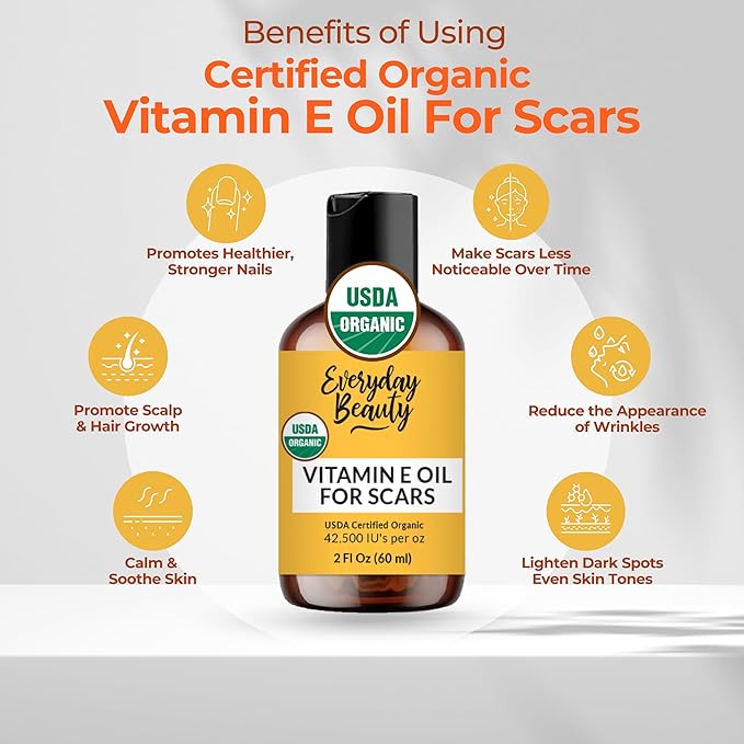 Organic Vitamin E Oil for Scars - All Natural & Vegan Skin Moisturizer 2oz - Light and Unscented Great for Scars After Surgery - Reduce Wrinkles, Anti Aging, Lighten Dark Spots - Face, Skin & All Over