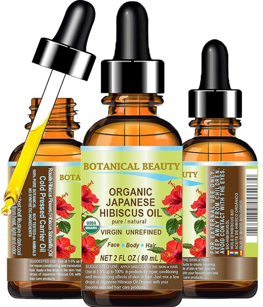 Botanical Beauty Organic HIBISCUS OIL (Hibiscus Sabdariffa) JAPANESE 100 Pure Natural VIRGIN UNREFINED COLD PRESSED Anti Aging, Vitamin E oil for FACE, SKIN, HAIR GROWTH 2 Fl.oz.- 60 ml