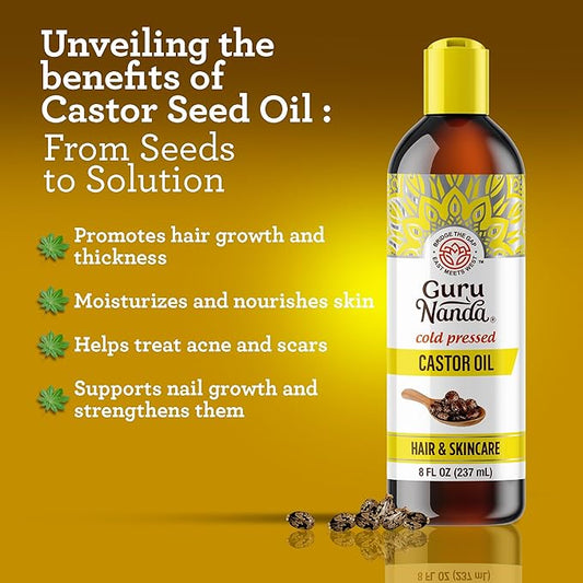 GuruNanda Castor Oil (8 Fl oz), 100% Pure, Cold Pressed & Hexane-Free, Hydrating Carrier Oil, Natural Castor Oil for Hair, Eyebrows & Eyelashes Growth