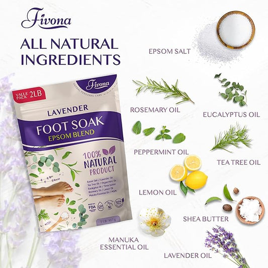 Foot Soak Epsom Salt with Lavender - Value Pack - 2 LB - Calming Foot Bath Salt, Relax & Renew Tired Feet, Soothe Soreness, Soften Calluses - Rejuvenating Pedicure Spa at Home