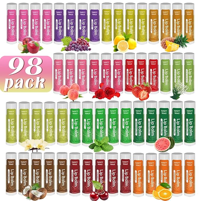 98 Pack Natural Lip Balm Bulk with Vitamin E and Coconut Oil - Moisturizing, Soothing, and Repairing Dry and cracked Lips, Mini Chap Stick Gifts for Kids Women Men - 14 Flavors - Non-GMO