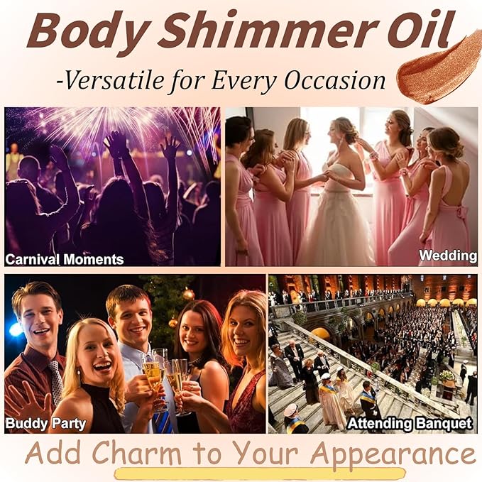 Body Shimmer Oil - Shimmer Body Oil - Moisturizing Gold Brown body Glitter for Women - - Long-Lasting Shimmering Highligter - Summer Essentials for Women - with Applicator Glove with Thumb
