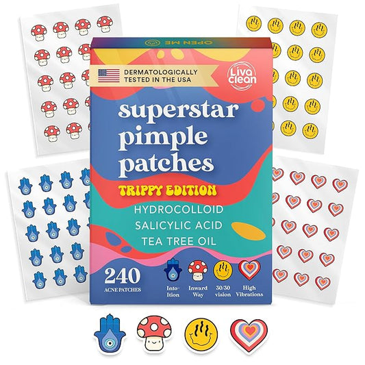 LivaClean 240 CT Superstar Cute Pimple Patches Trippy Edition w/Salicylic Acid & Tea Tree Oil - Pimple Patches Cute, Acne Patch for Face, Hydrocolloid Acne Patch