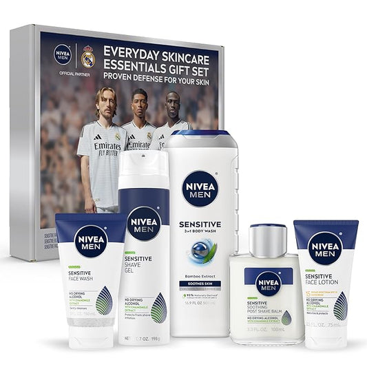 NIVEA MEN Sensitive Skin Care Set for Men, Face Wash, 5 Fl Oz + Body Wash, 16.9 Fl Oz + Shave Gel, 7 Oz + Soothing Post Shave Balm, 3.3 Fl Oz + Face Lotion SPF 15, 2.5 Fl Oz