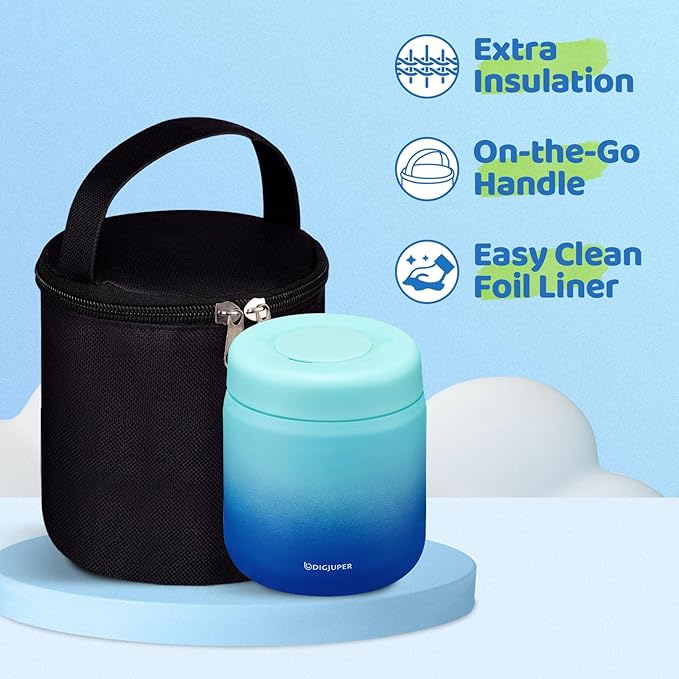 17 OZ Thermo Food Jar w/Bag Carrier - Wide Mouth Leakproof Adults Lunch Thermal Insulated Container Bento Box for Hot 8H/Cold 12H Food Fruits Veg Soup