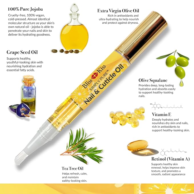 Bliss Kiss | Crisp Fragrance 4 Nail Oil Cuticle Pens w/Vitamin E & Jojoba⏤Nail Strengthener Nail Growth Treatment for Brittle Peeling Breaking Thin Nails