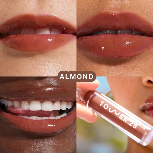 Tower 28 ShineOn Milky Lip Jelly, ALMOND, Non-Sticky, Hydrating Vegan Lip Gloss in Milky Chocolate, Apricot and Raspberry Seed Oil, Moisturizing, Clean, Cruelty Free