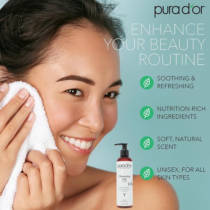 PURA D'OR Facial Cleansing Oil (8 Oz x3 = 24 Oz) Nourishing Botanical Blend with & Vitamin, Jojoba and Sunflower Oil - Gentle Makeup Remover & Deep Cleanser For Healthy, Glowing Skin - Paraben-Free