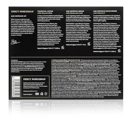 Age Defence Kit, a men's skincare set containing Charcoal Face Scrub (with Natural AHAs), ultra-hydrating Facial Serum (with Hyaluronic Acid), and Moisturiser (with Vitamin C)