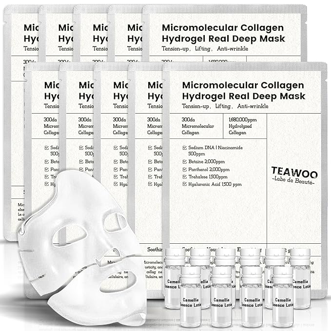 Micromolecular Real Collagen Overnight Mask 10 EA | 1,680,000 PPB Micro Hydrogel Collagen Face Mask | Ampoule Essence + Collagen Mask Set for Deep Hydration & Radiance