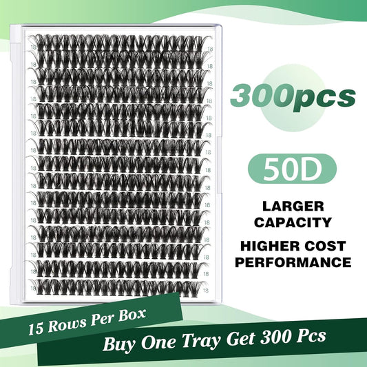 Lash Clusters 300pcs Individual Lashes 50D 0.07D Curl 18mm DIY Eyelash Extension KEYYOU Large Tray Volume Soft&Natural Cluster Lashes(50D-0.07D,18）