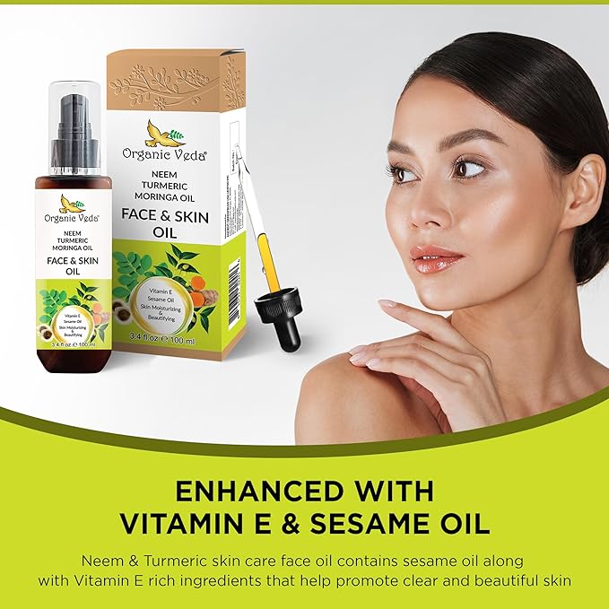 Organic Veda Moringa Face Oil with Neem & Turmeric - 100% Pure Cold Pressed Skin Care Oil Moisturizer for Face Hair & Skin, Natural Skin Glow - 3.4 oz