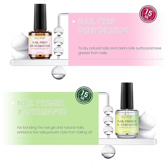 15ml Nail Prep Dehydrator&Nail Primer X-Strength Set, Nail Primer and Dehydrator for Acrylic Nails Nail Bonding Nail Care Kit with Nail Cuticle Oil and Nail Strengthener