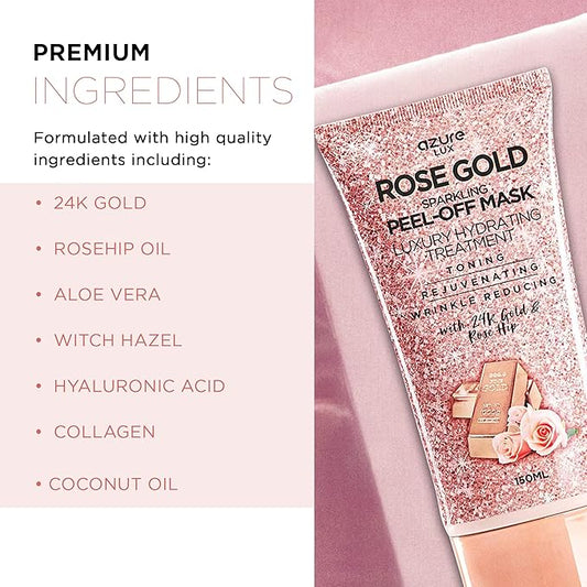 Azure Cosmetics Rose Gold Hydrating Peel Off Face Mask- Dermatologist Tested - Anti Aging, Toning & Rejuvenating - Removes Blackheads, Dirt & Oils - Real 24K Gold & Rose Hip Oil - 5.07 fl.oz.