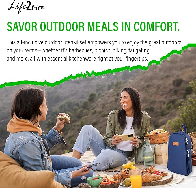 12 Pcs Camp Cooking Utensil Set & Outdoor Kitchen Gear Cookware Kit, Portable Compact Carry Case for Camping, Hiking, Travel, BBQ Grilling Stainless Steel Accessories Spoon & Fork, Navy