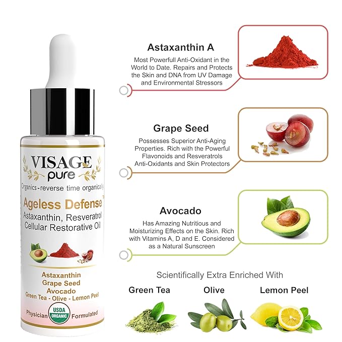 Ageless Defense -Cellular Restorative Astaxanthin Face Serum -by Visage Pure-Astaxanthin and Resveratrol Antiaging Serum. Protects the Skin From Aging-Organic-Physician Formulated-Research Supported
