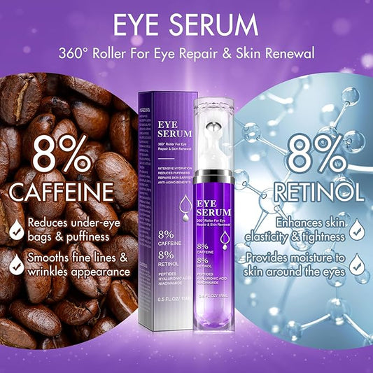Eye Serum for Dark Circles and Puffiness, Under Eye Cream Anti Aging for Puffiness and Bags with 360° Eye Roller Massage Ball, Eye Serum with 8% Caffeine 8% Retinol for Women & Men
