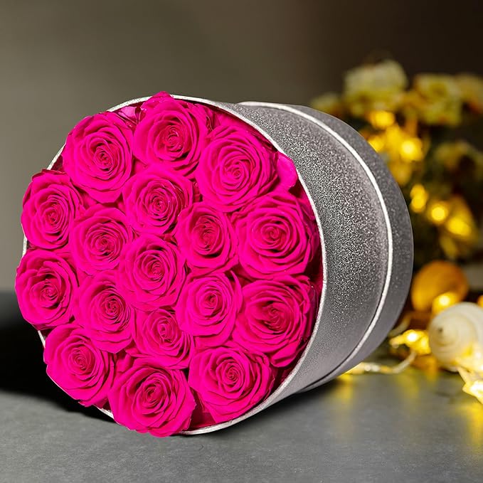 17 Hot Pink Flowers in Glitter Box, Birthday Gifts for Women, Preserved Flowers, Mothers Day Roses Gift for Mom