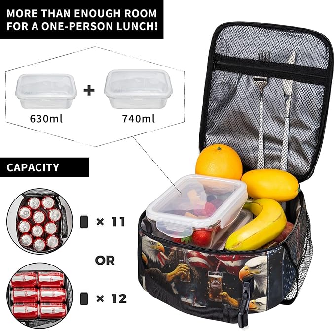 American Flag Bird Lunch Bag Insulated Reusable Lunch Box Thermal Cooler Tote For Men Women Work Travel Picnic Hiking