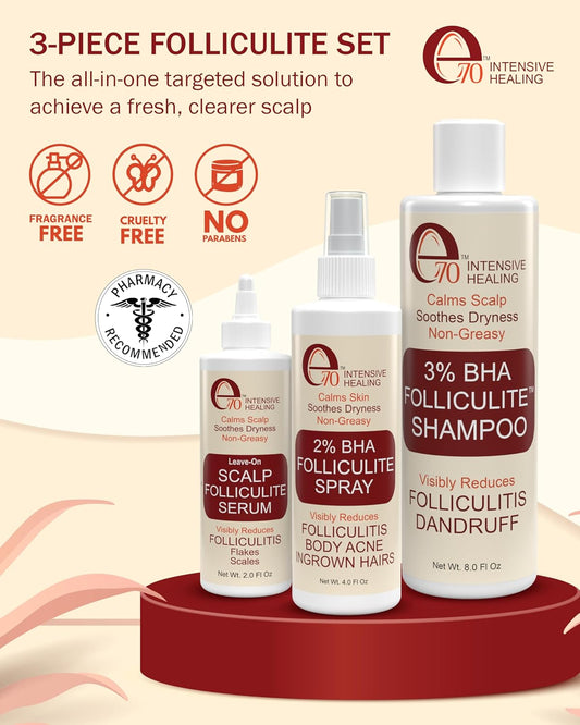 Folliculitis Treatment Leave-On Dry Scalp Serum - 3% BHA, Salicylic Acid, Tea Tree Oil & Peppermint Oil - Non-Greasy Serum for Irritated Flaky Scalp Treatment Acne, Made in USA by e70, 2 fl oz