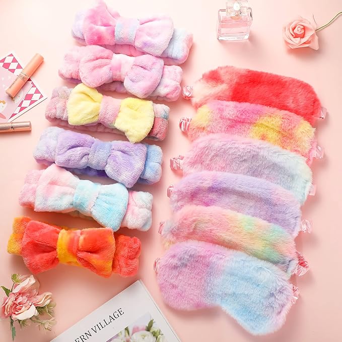 Kajaia 12 Pcs Sleepover Party Favors for Woman Plush Sleep Eye Mask Soft Spa Headband for Spa Birthday Bachelorette Slumber Party Supplies(Tie Dye)