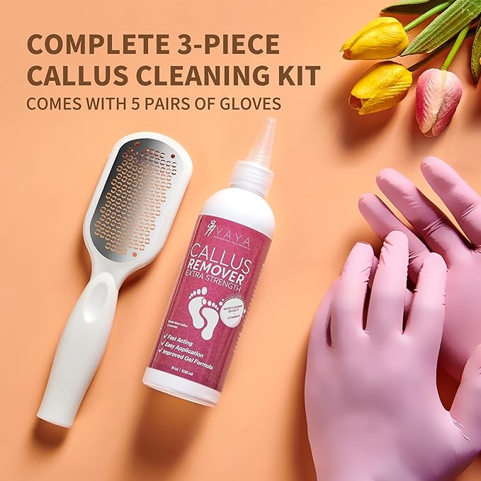 Yaya Callus Remover for Feet - Extra Strength - Vitamin E + Moisturizing Effect - Foot Scrubber File and 5 Pink Latex Gloves - Callus Remover Gel 8OZ - Foot Spa Kit