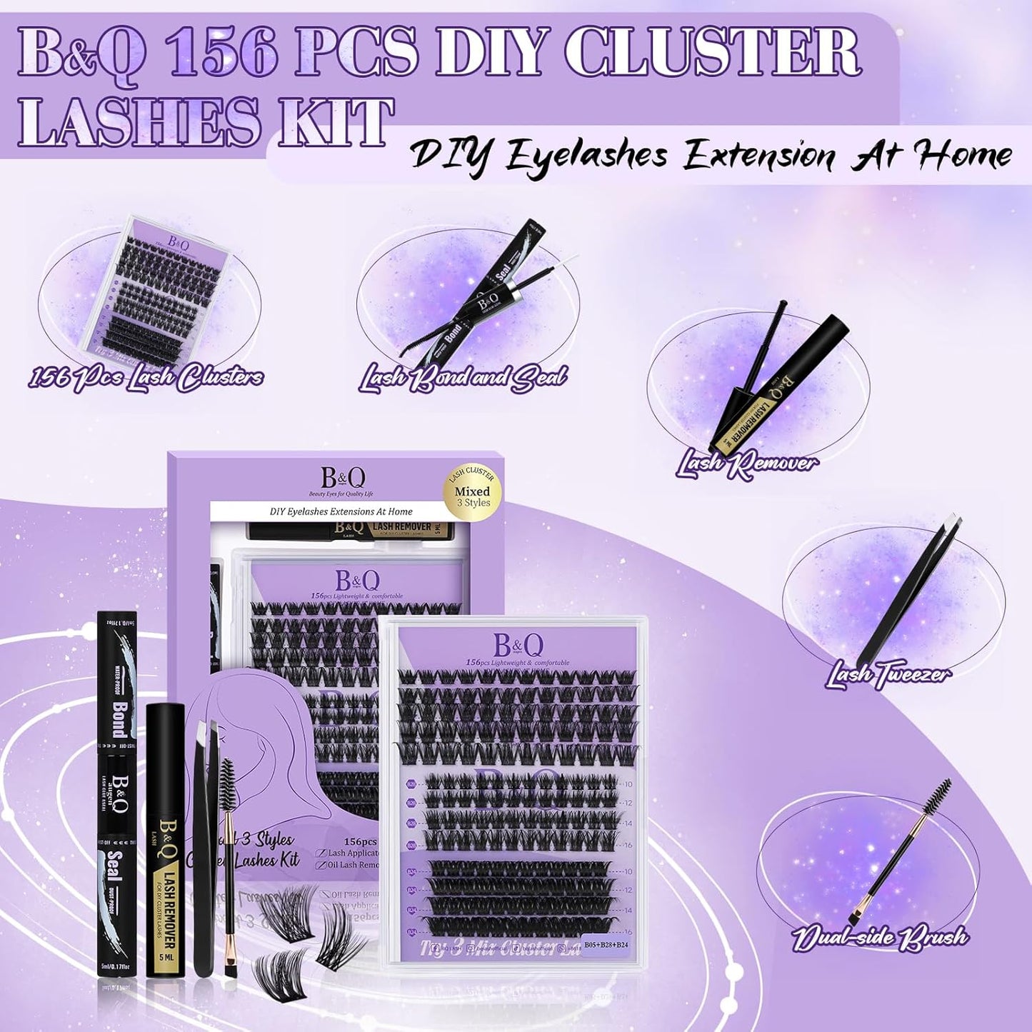 B&Qaugen Lash Extension Kit B05+B28+B24 Eyelash Extension Kit B&Q DIY Lash Extension Kit 156 PCS Lash Clusters 8-18mm Cluster Eyelash Extensions Kit with Lash Bond and Seal (Kit,B05+B28+B24)