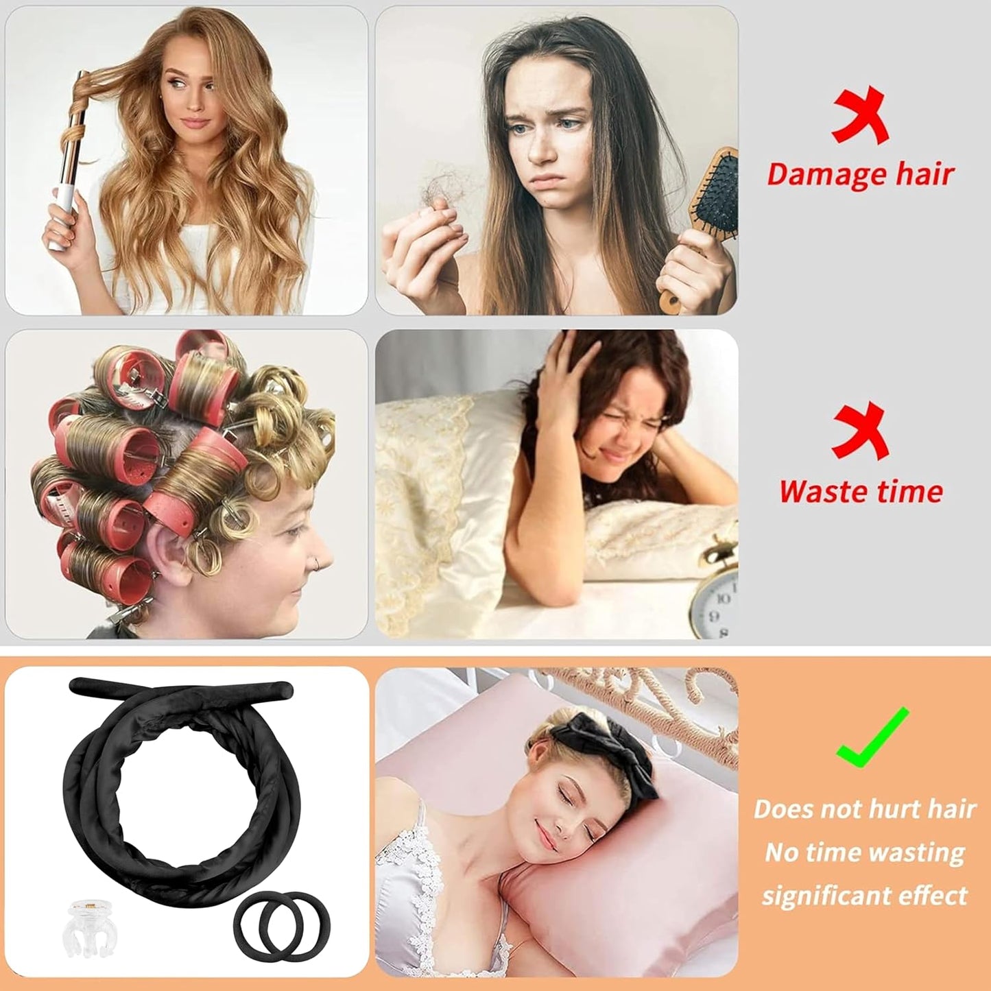 Pinkiou Heatless Curlers Overnight,Hair Curler to Sleep In, No Heat Hair Roller for Long & Short Hair, Heatless Curling Set with 2 Scrunchies (Black)