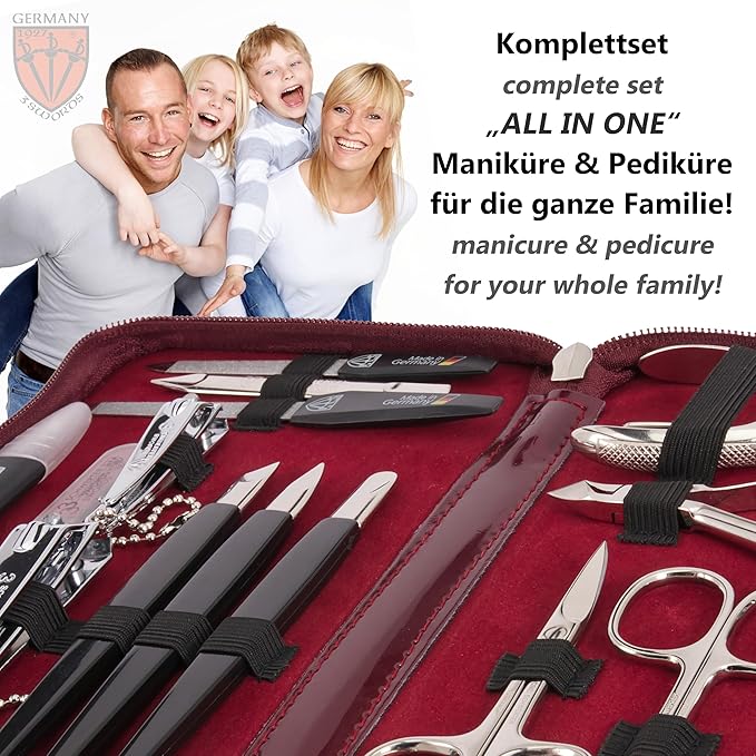 3 Swords Germany - brand quality 16 piece manicure pedicure grooming kit set for professional finger & toe nail care scissors clipper synthetic leather case in gift box, Made in Germany