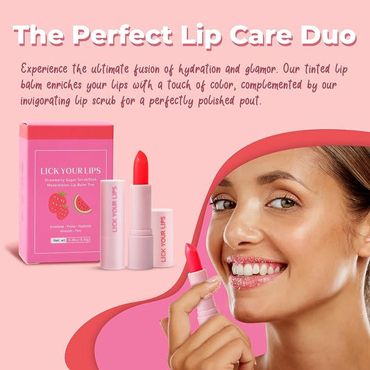 Watermelon Tinted Lip Balm and Strawberry Sugar Lip Scrub Stick Duo - Lip Scrubber Exfoliator helps Lip Repair, Deep Hydration, and a Soft, Radiant Pout 8.10g