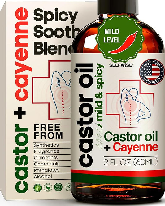 Organic Castor Cayenne Muscle & Body Oil - Mild & Spicy - Lightweight Fast Absorbing Oil for Skin, Body, Belly, Muscles, Large Areas for Everyday Relaxation 2oz