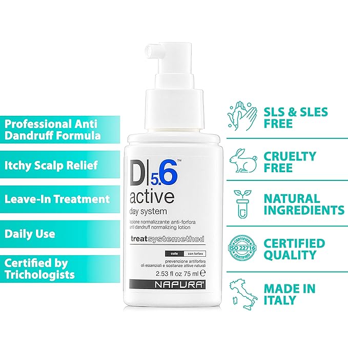 NAPURA D5.6 Anti Dandruff Treatment with Tea Tree Oil, Salicylic Acid and Zinc (2.53 fl oz) - Natural Dry Itchy Scalp Leave In Conditioner Spray for Women and Men