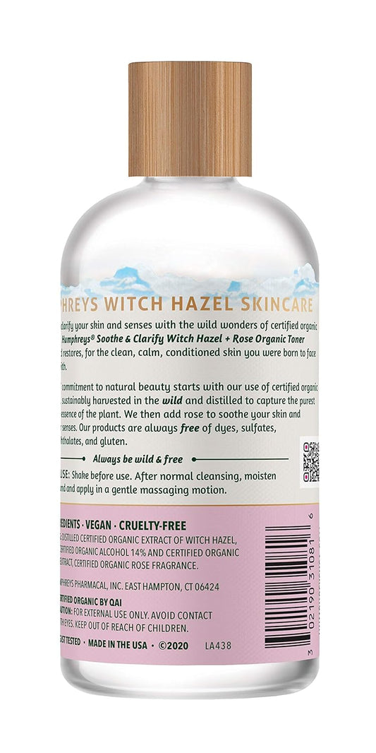 Humphreys Witch Hazel Refining Toner | Wild Harvested Witch Hazel & Rose | USDA Organic | Natural | Soothing & Clarifying | 8 Fl Oz