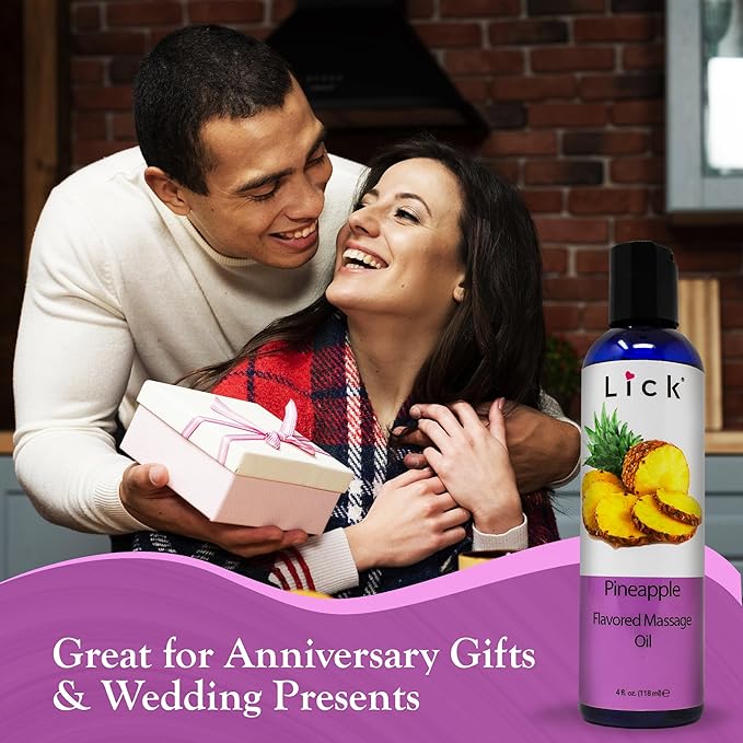 Lick Pineapple Flavored Massage Oil with Vitamin E, Coconut, Sweet Almond Oil for Lovemaking, Date Night, Nuru Yoni Massage Therapy, Safe & Edible