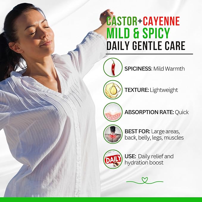 Organic Castor Cayenne Muscle & Body Oil - Mild & Spicy - Lightweight Fast Absorbing Oil for Skin, Body, Belly, Muscles, Large Areas for Everyday Relaxation 2oz