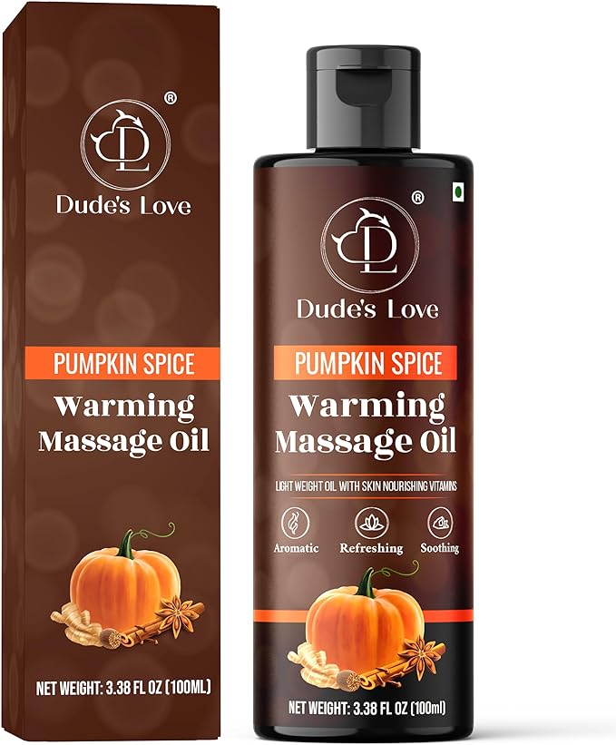 Dude's Love Organic Pumpkin Spice Flavored Warming Massage Oil - Smooth Glide, Non-Greasy | Nourish & Moisturize Skin | Aromatherapy Vegan - 3.38 Fl Oz