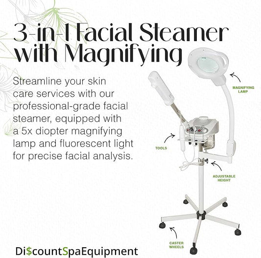 3-in-1 Facial Steamer with High Frequency, 3 Electrodes, 5 Diopter Magnifying Lamp, Silent Timer & Aromatherapy