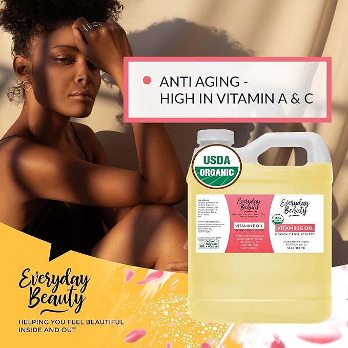 Organic Vitamin E Oil - Bulk 32 oz Heavenly Rose Scented USDA Certified 100% All Natural Plant Based - Light and Rose Scented Great for Scars After Surgery - For Face, Skin and Nails