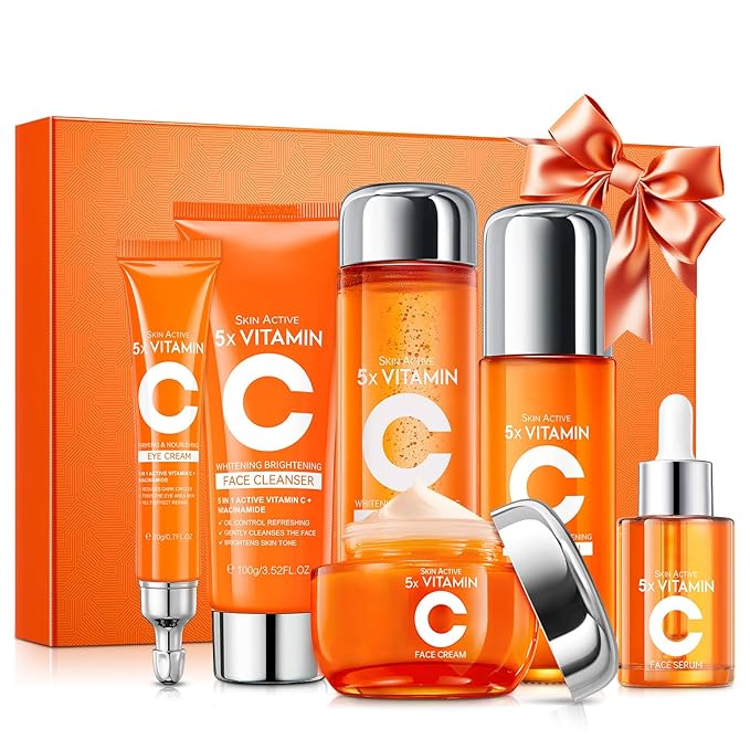 Vitamin C Skincare Set, 6-In-1 Skincare Gift Set With Facial Cleanser, Toner, Eye Cream, Serum, Lotion & Face Cream, Moisturizing Face Skin Care Kit for Anti-Aging, Anti-Wrinkle