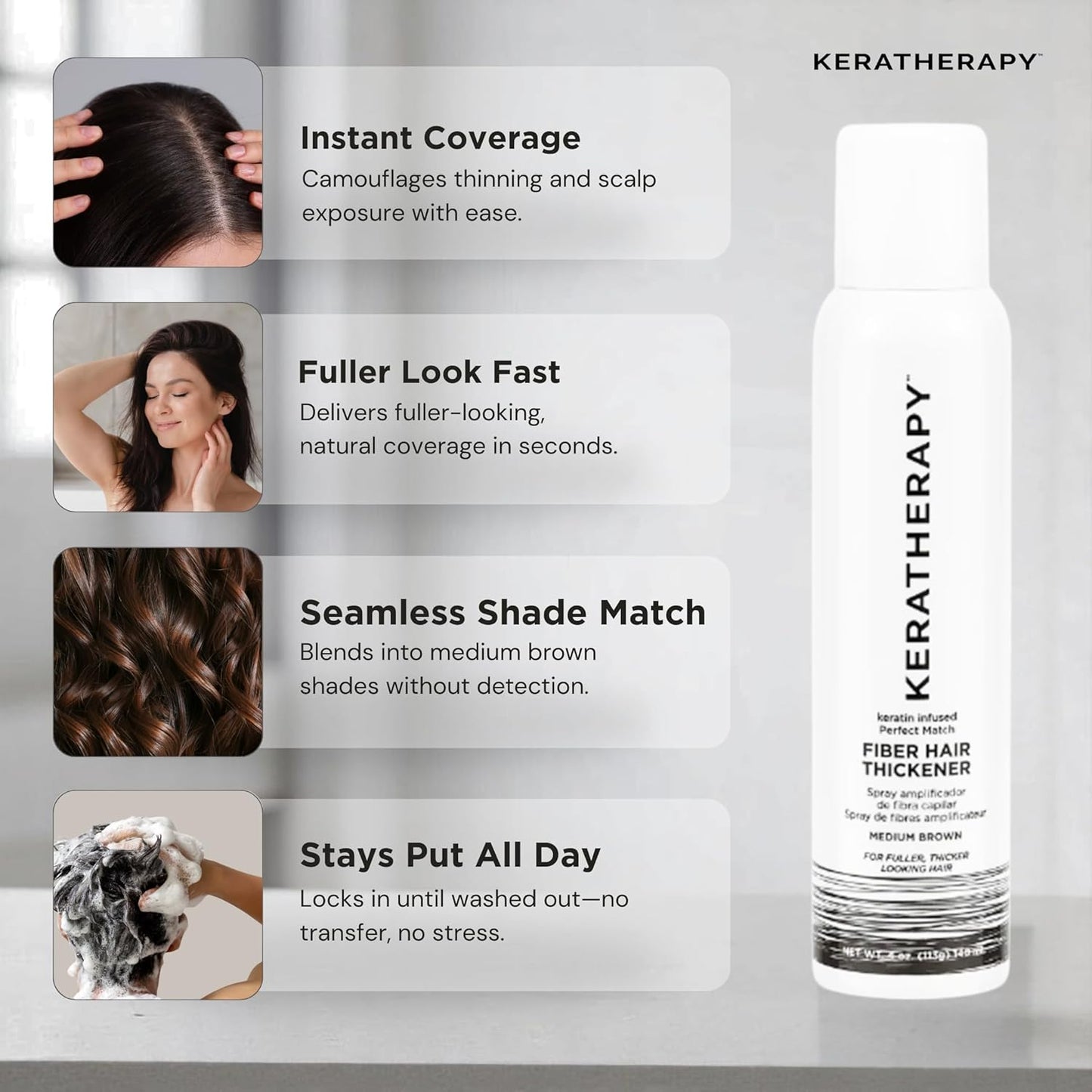 Keratherapy Keratin Infused Perfect Match Fiber Hair Thickener Spray, Medium Brown, 4 fl. oz., 140 ml - Volumizing, Thickening, & Concealing Hairspray for Scalp Coverage, Roots & Thinning Areas