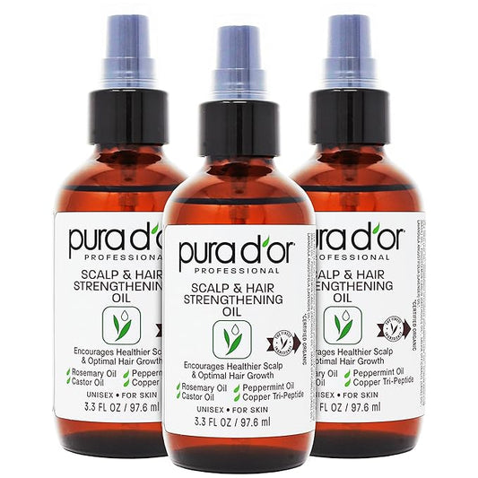 PURA D'OR Scalp & Hair Strengthening Oil (3.3oz x3 = 9.9oz) Supports Optimal Growth, Reduce Breakage, Nourish Roots for Healthier, Fuller, Thicker Hair - Rosemary, Castor & Peppermint Oil