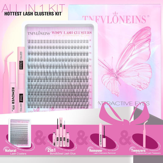 TNFVLONEINS Wispy Lash Clusters Kit 220Pcs Eyelash Extension Kit Natural Lash Extension Kit CC Volume Eyelash Clusters Short Individual Lashes Clusters 3D Eyelash Clusters Kit with Remover