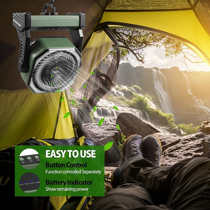 20000mAh Camping Fan, Rechargeable Portable Fan with 400 Lumes Light, 360° Rotatable Hook, 270° Pivot, 4 Speeds, 58Hrs Battery Powered for Tent Car Trip Outdoor BBQ Hurricane Power Outages