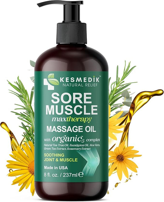 Sore Muscle Massage Oil with Arnica, Tea Tree & Eucalyptus Oils, Massage Oil for Massage Therapy, Muscle Relief, Relaxation, Tension & Skin Softening for Professional & Home Use (Pack of 1)