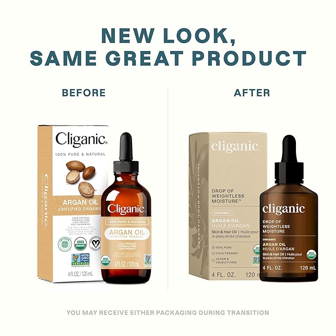 Cliganic USDA Organic Argan Oil, 100% Pure | for Hair, Face & Skin | Natural Cold Pressed Carrier Oil, Imported from Morocco (Packaging May Vary)