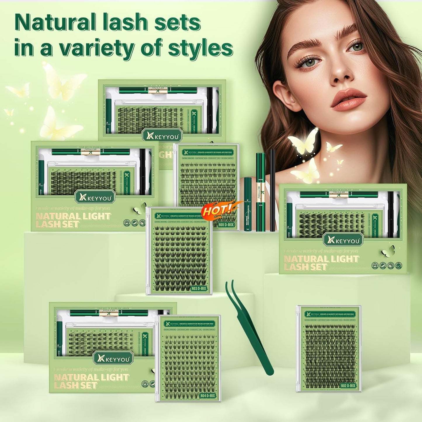 KEYYOU Natural Lash Clusters Kit 144Pcs DIY Lash Extension Kit Wispy Eyelash Extensions Kit D Curl 8-18MIX with Bond and Seal and tweezers with Thin Lash Band(KIT-N03-D-8-18MIX)