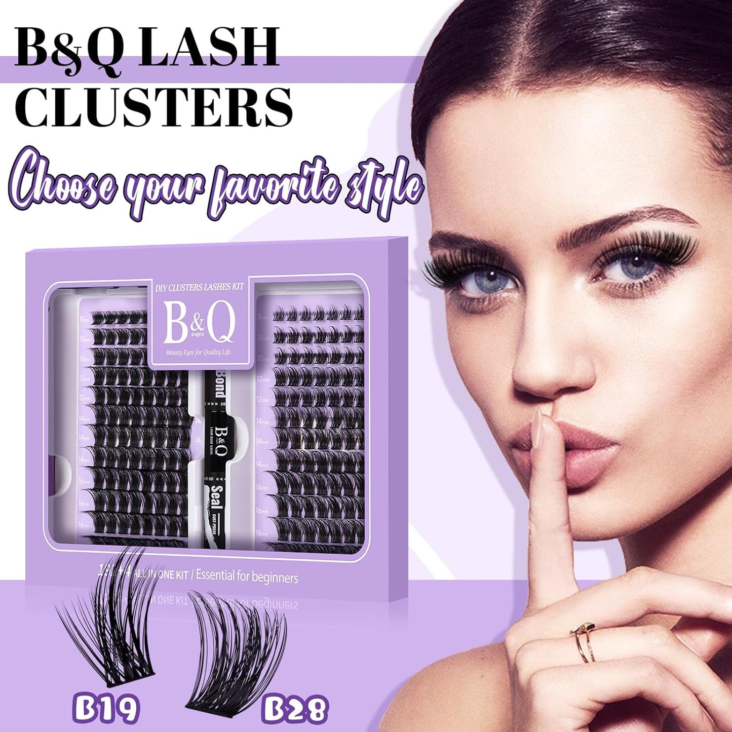 B&Q Lash Extension Kit 192 pcs Eyelash Extension Kit B19+B28 8-18mm Mixed Lash Clusters Kit Individual Lashes Kit Wispy with Lash Glue and Remover Applications Eyelash Kit (B19+B28, Kit)