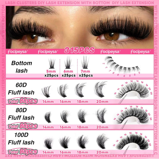 Focipeysa Cluster Eyelash Extensions Fluffy Eyelash Clusters with Bottom Lashes 14-20mm Lash Clusters 315pcs Individual Eyelash DIY Lash Extension for Beginners (60D 80D 100D Mixed)